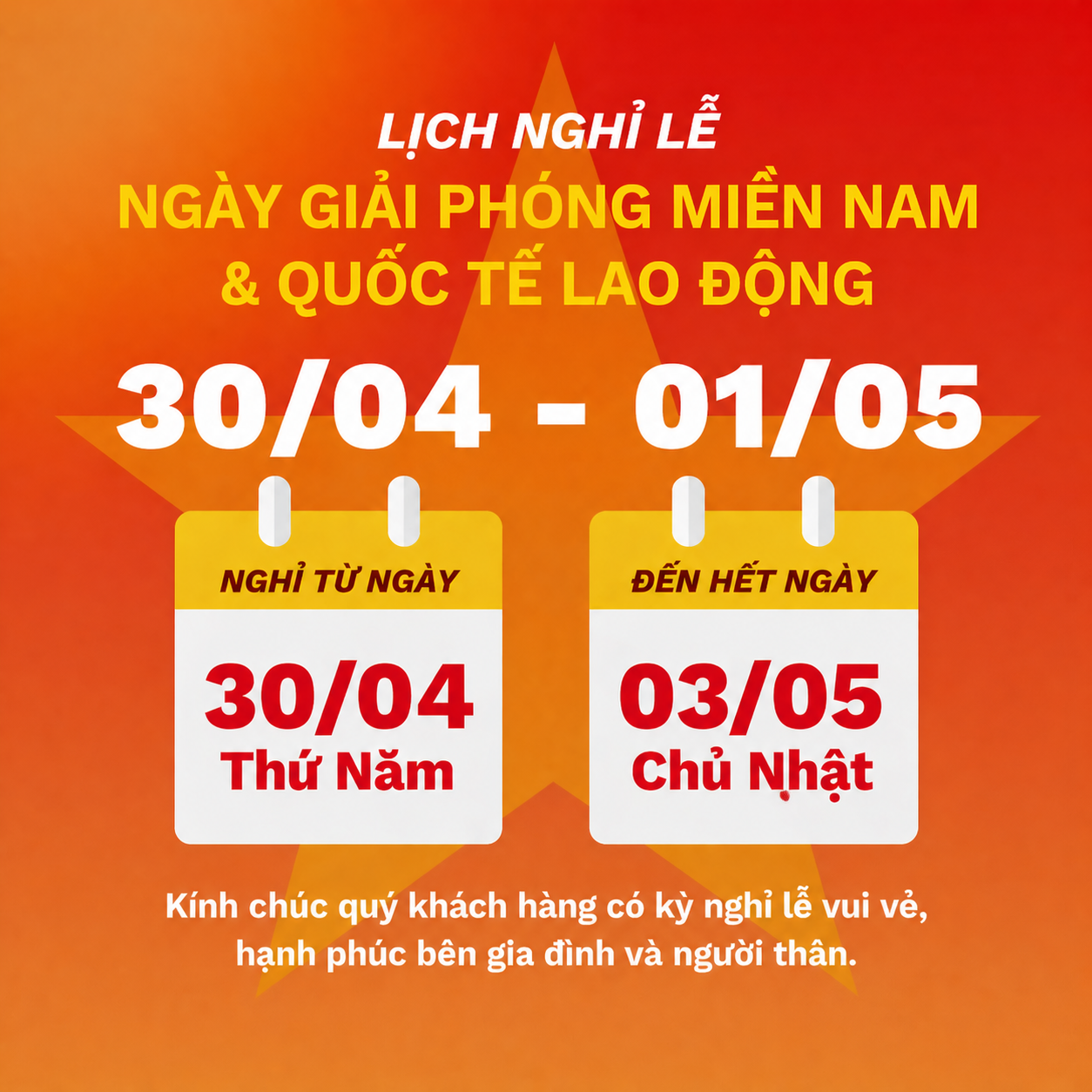 THÔNG BÁO NGHỈ LỄ GIỖ TỔ HÙNG VƯƠNG, LỄ 30/4 & 01/5